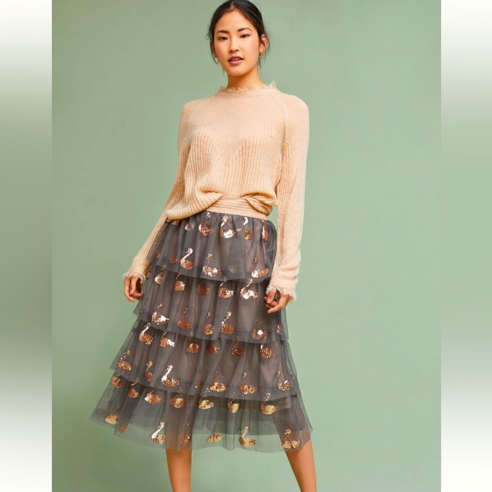 Eva Franco tulle embellished swan midi skirt NWT